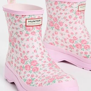 Hunter LoveShackFancy Floral Pink shirt Ankle Boots New in Box / size 8 womans
